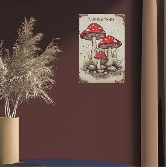 NEW HOT ITEM Red Mushroom Vintage Style Metal Sign Retro Boho Hippie Wall Decor - Picture 2 of 3